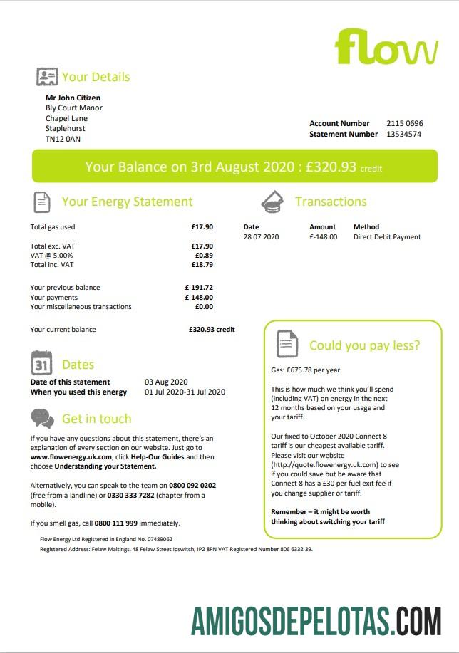 Em branco modelo de conta de serviço público de energia de fluxo do Reino Unido em formato Word e PDF